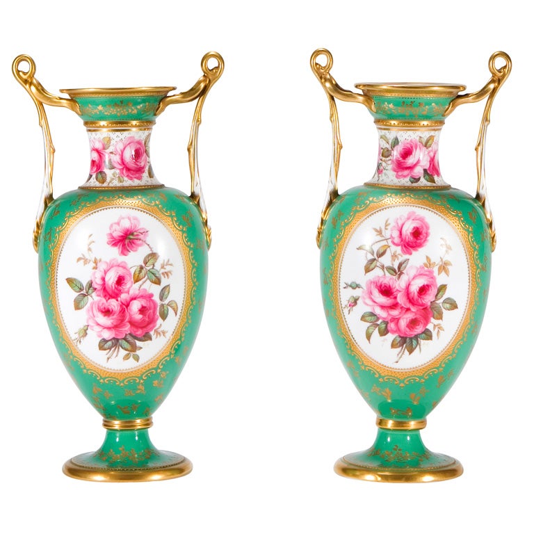 Pair of Spode Porcelain Vases w/ Hand Painted Rose Specimens Artist