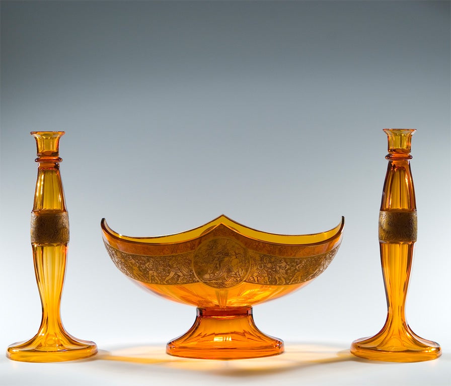 Signed Moser Amber 3 Piece Centerpiece Set