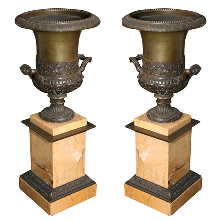 Pair of 19th Century Bronze and Sienna Marble Urns For Sale