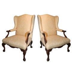Pair of George III Style Carved Mahogany and Upholstered Wing Ch