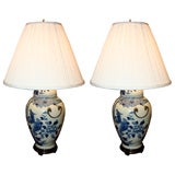 Pair of Chinese Blue and White Porcelain Lamps with Brass Handle