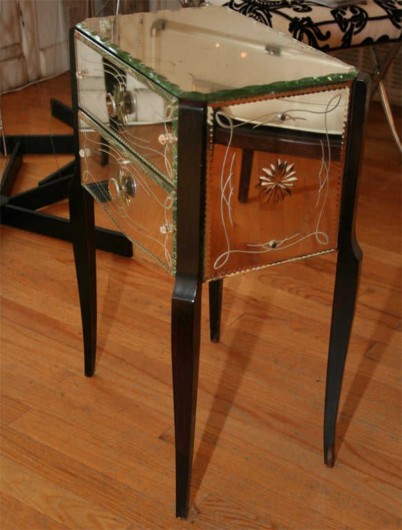 Pair of etched mirror side tables with ebonized wood legs
