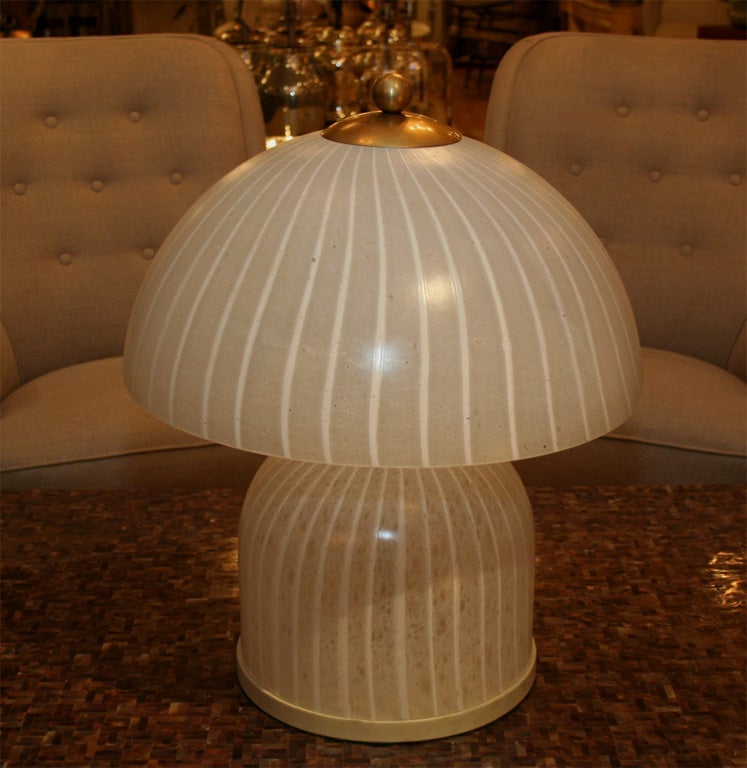 Frosted and lattimo striped glass mushroom form lamp by Venini