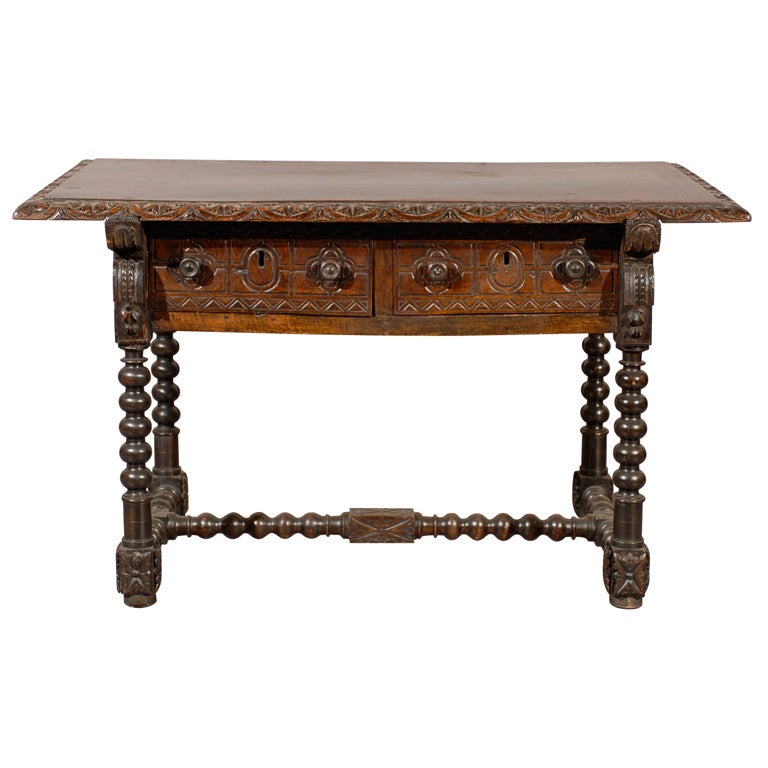 18th Century Spanish Library Table in Walnut with Carved Details For Sale