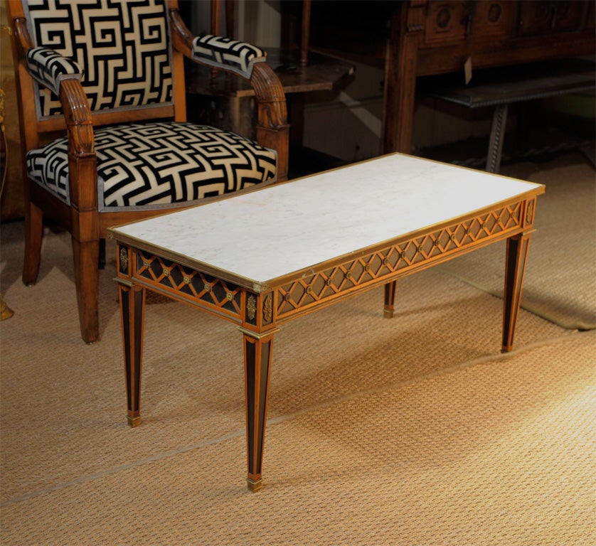 Painted, brass and white marble top coffee table