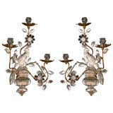 Pair of glass and gilt iron three light sconces by "BAGUES"