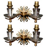 Art Deco bronze and crystal two light sconces.