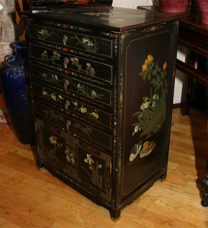 Anglo Japanese ca 1920 lacquer and painted decorated chest of drawers