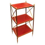 3 Tier Reeded Brass & Leather Etagere, France, Mid-20th Century