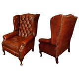 Antique Pair of English MahoganyTufted Leather Wing Chairs