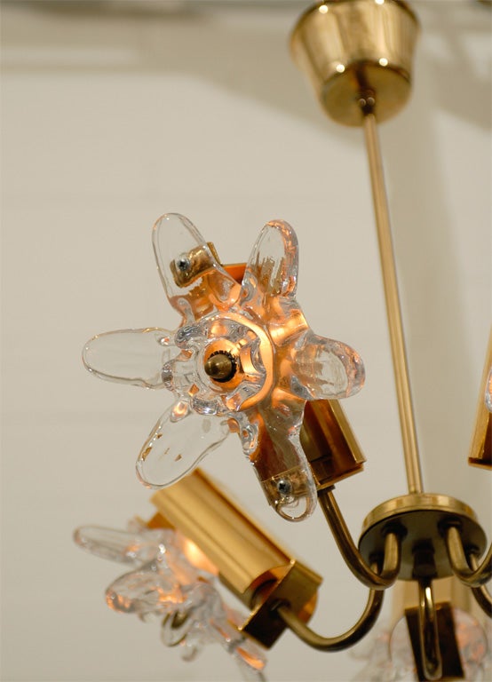 Swedish Mid-Century Modern Brass Art Glass Chandelier In Excellent Condition In Atlanta, GA