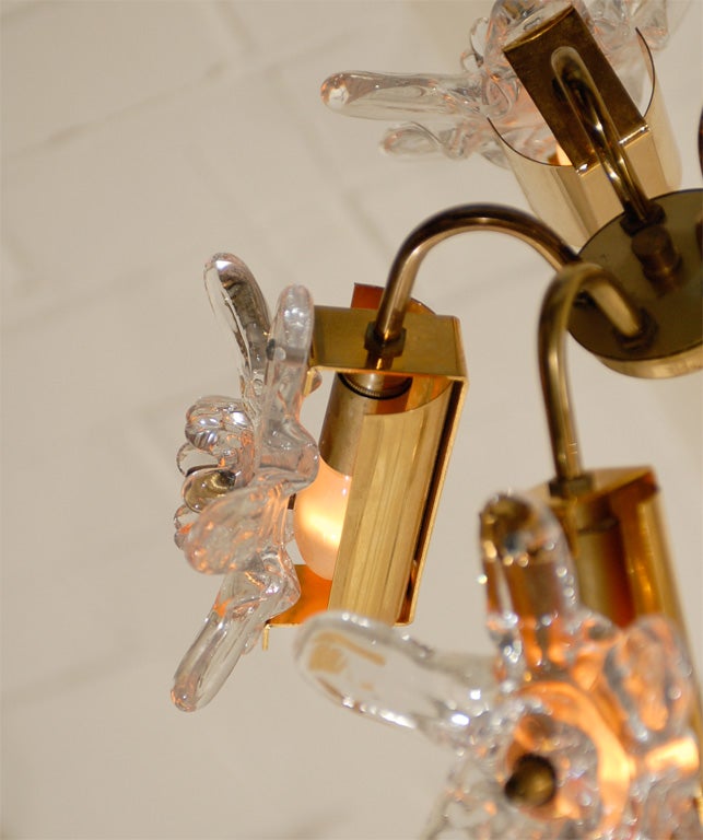 Swedish Mid-Century Modern Brass Art Glass Chandelier 2