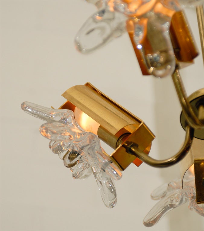 Swedish Mid-Century Modern Brass Art Glass Chandelier 3