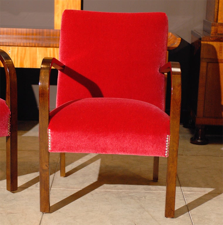 Pair of Swedish Art Deco Moderne Cherry Red Mohair Armchairs In Excellent Condition In Atlanta, GA