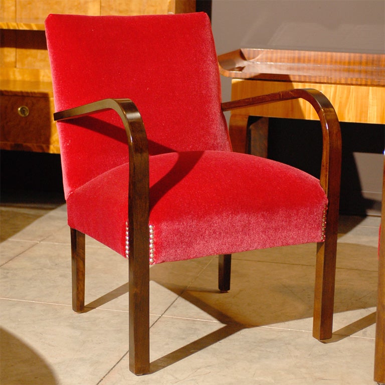 Mid-20th Century Pair of Swedish Art Deco Moderne Cherry Red Mohair Armchairs