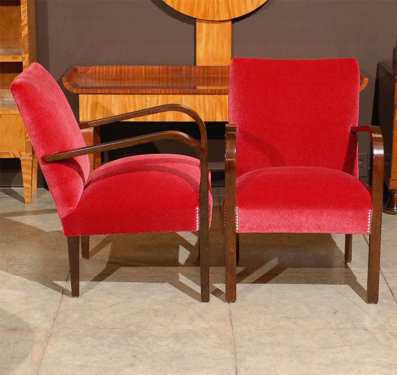 Pair of Swedish Art Deco Moderne Cherry Red Mohair Armchairs 1