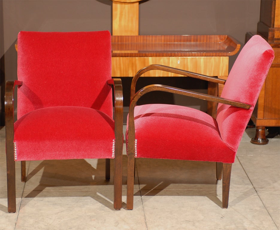 Pair of Swedish Art Deco Moderne Cherry Red Mohair Armchairs 2