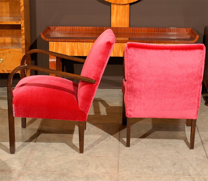 Pair of Swedish Art Deco Moderne Cherry Red Mohair Armchairs 3