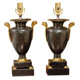 PAIR OF 19thC CONTINENTAL TOLE URNS AS LAMPS