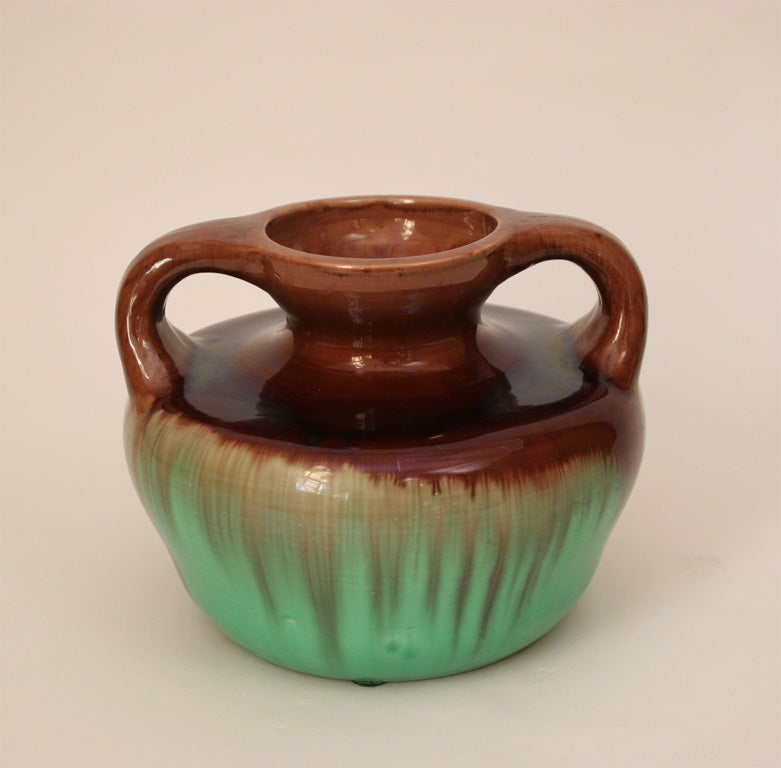 Japanese Awaji Art Pottery Drip Glaze Vase with Wide Handles