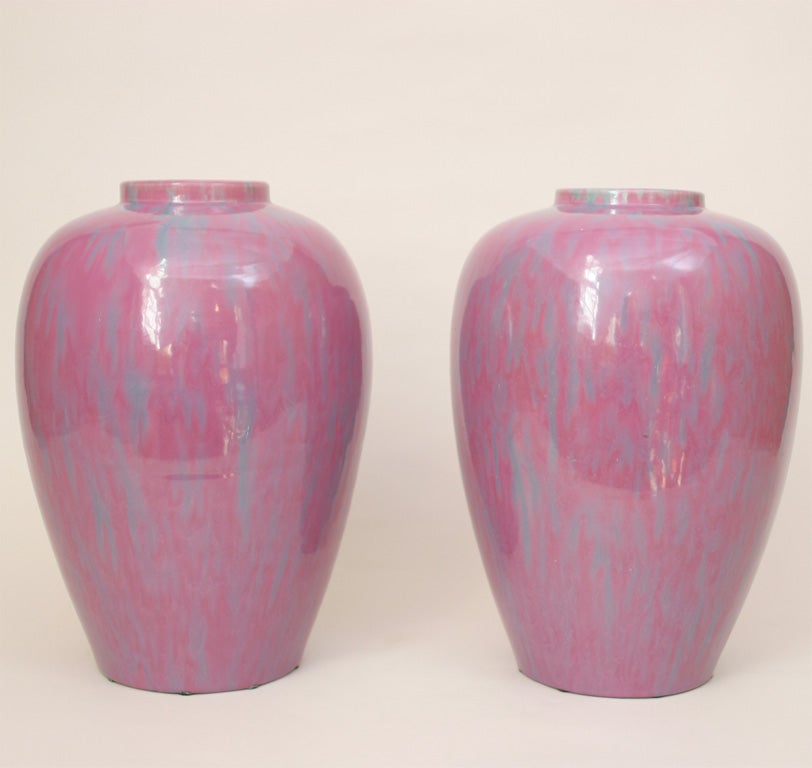 Large Pair of Awaji Art Pottery Pink Flambe Vases