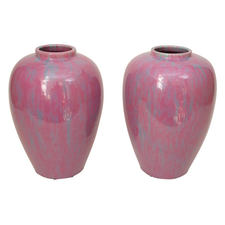 Large Pair of Awaji Art Pottery Pink Flambe Vases