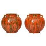 Pair of Japanese Awaji Art Pottery Chromium Orange Flambe Vases