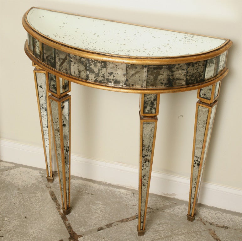 Pair of Gold Gilded Mirrored Demilune Consoles at 1stDibs