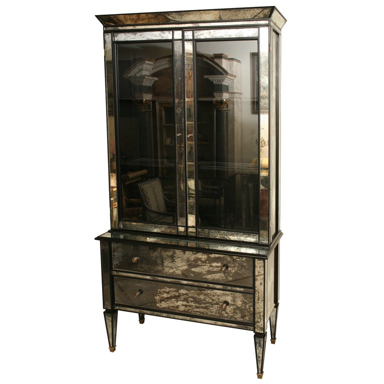 Mirrored two drawer Hutch with Black Lacquer