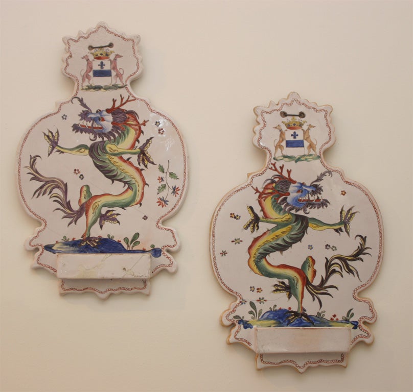 Rare Pair of French Faience Rouen Dragon Wall Sconces