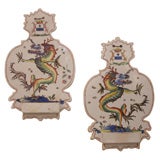Rare Pair of French Faience Rouen Dragon Wall Sconces