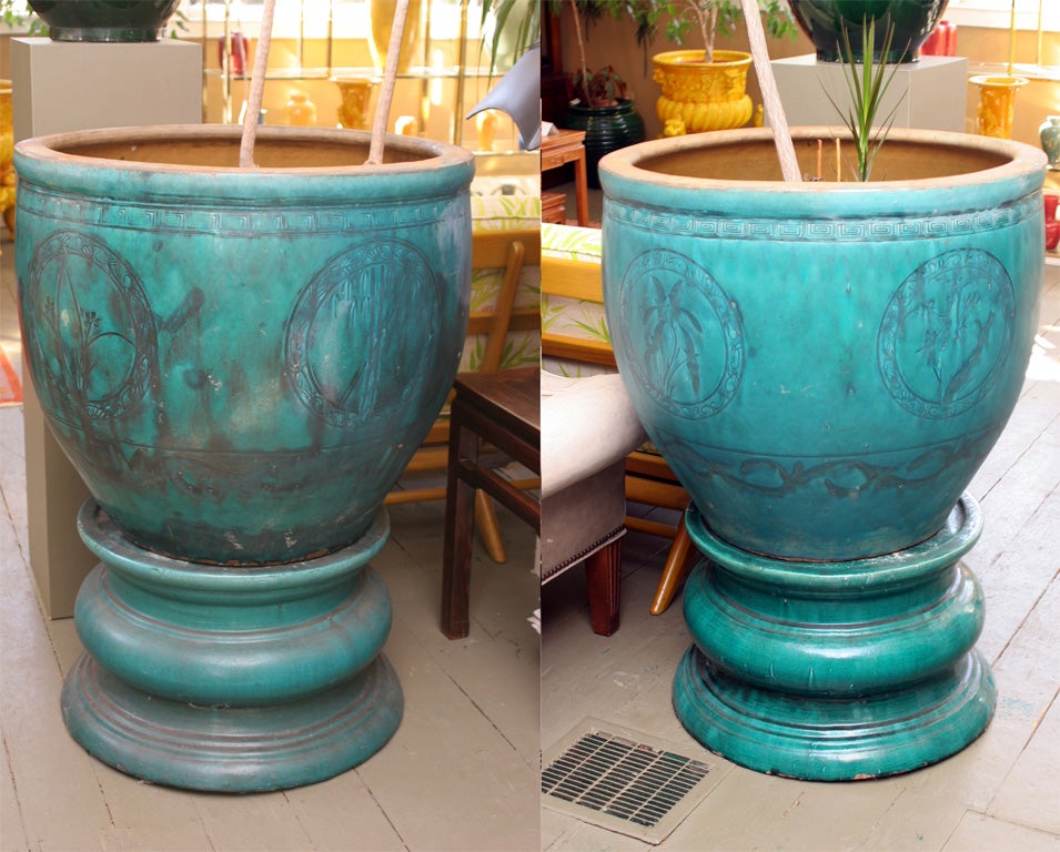 Massive Pair of Chinese Turquoise Stoneware Urns on Bases