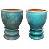 Massive Pair of Chinese Turquoise Stoneware Urns on Bases