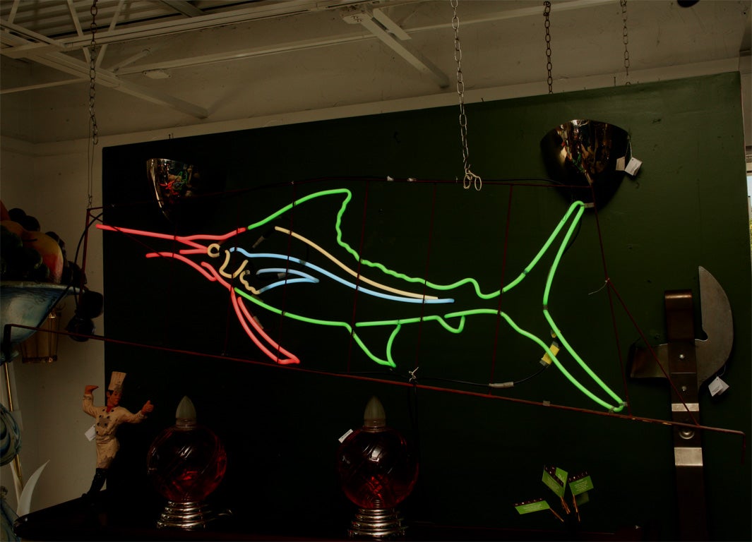 Fanciful multi-colored art deco neon sailfish. From a window of a 1950's fish store.