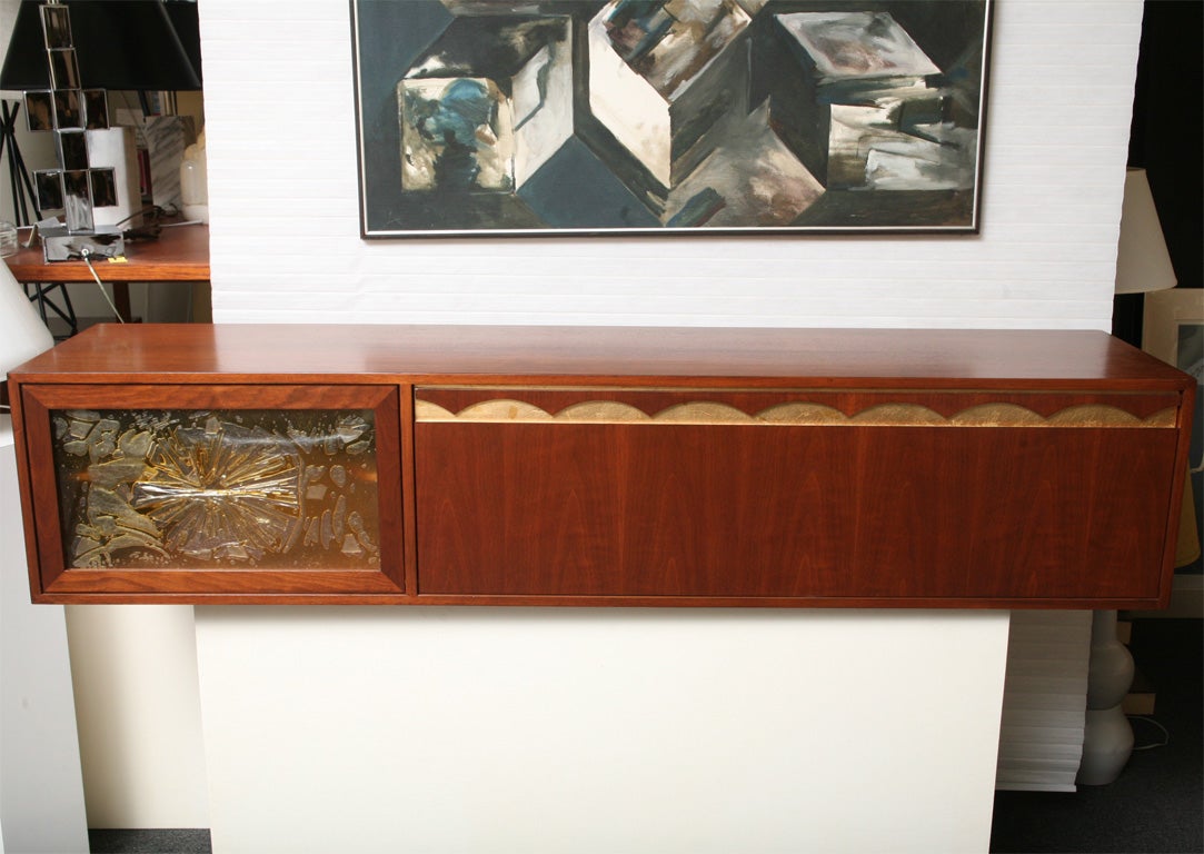 Sleek Walnut Bar Buffet Resin Art & Gold Leaf Doors