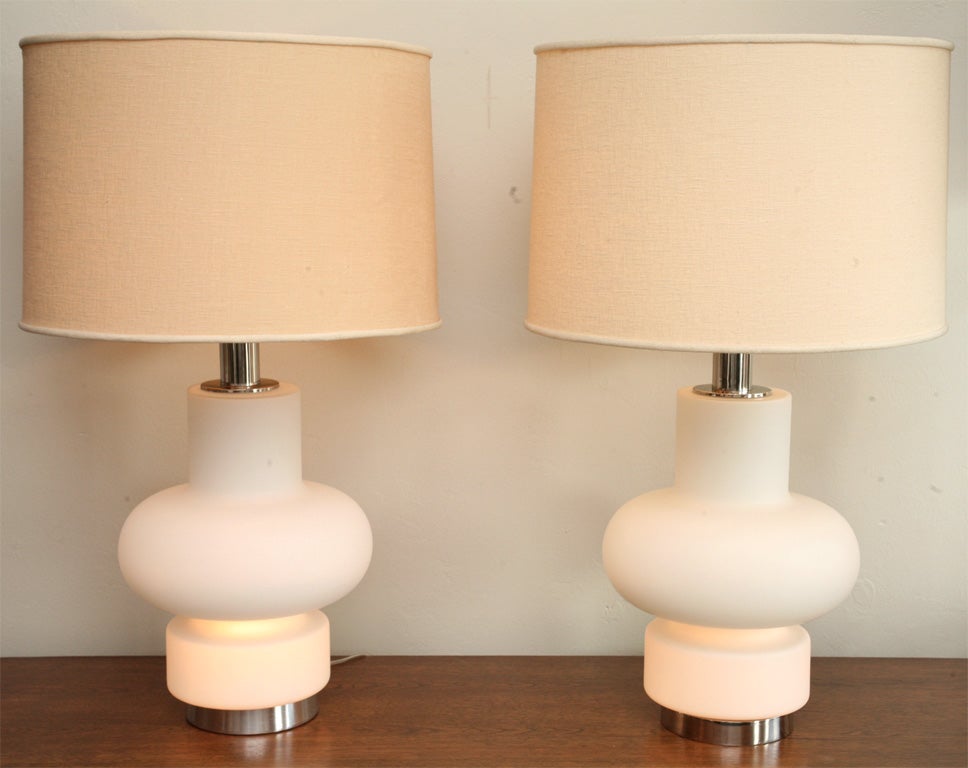 Pair of Large, 60's White Cased Glass Murano Lamps