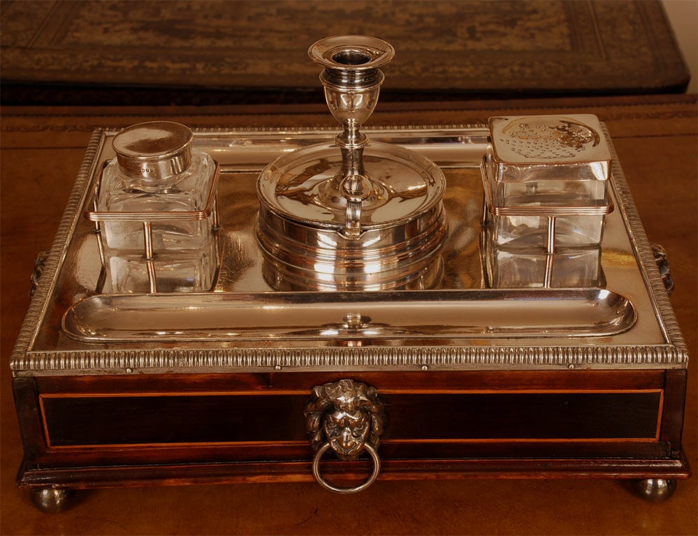 A Regency Mahogany, Sheffield plate and Sterling Silver Inkstand