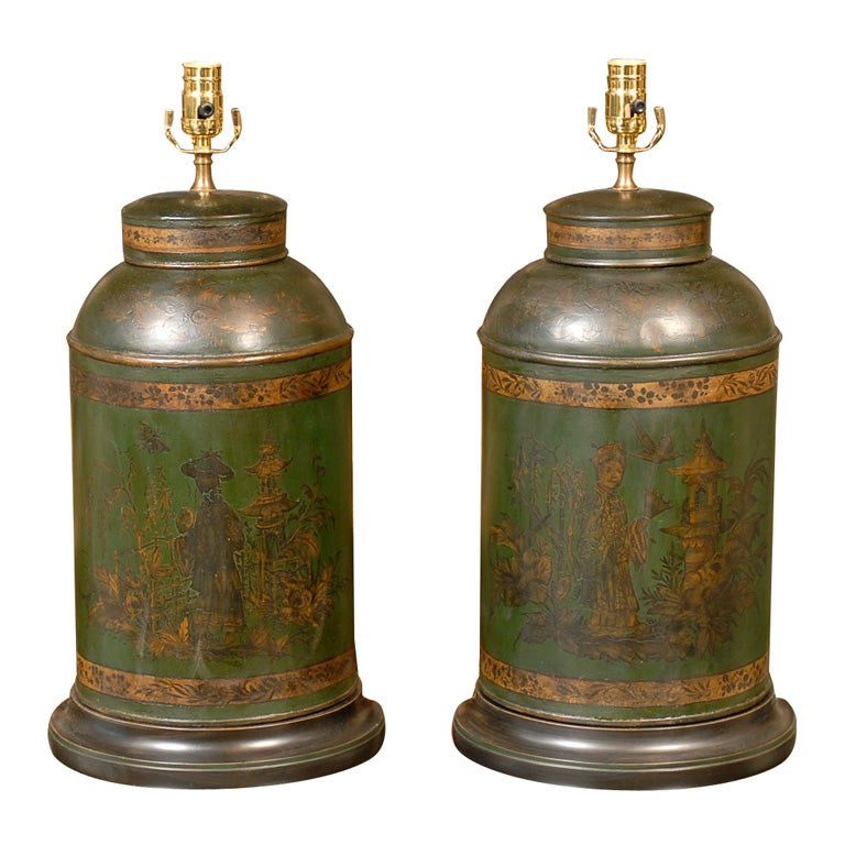 Pair of English Tole Tea Canister lamps For Sale