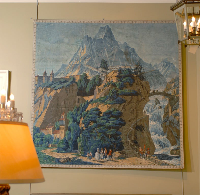French wallpaper panels manufactured by Zuber in Rixheim; designed by Pierre-Antoine Mongin.  First edition was produced in 1804. These are lengths 14, 15, and 16: Grandson castle and church at the foot of Pfafers monastary.