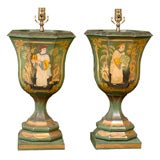 Pair late 19th c. tole tea stands adapted as lamps
