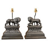 Pair cast iron lion firedogs adapted as lamps