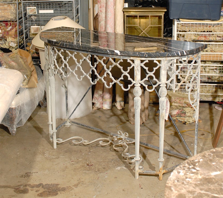 Antiqued Iron Demilune Console Table with a Marble Top