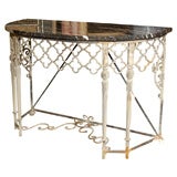 Antiqued Iron Demilune Console Table with a Marble Top