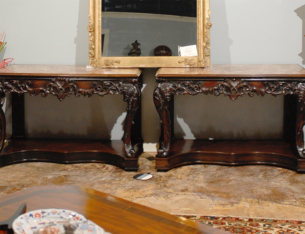 Pair of Chinese Export Consoles of Rosewood w/ Marble Tops