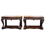 Antique Pair of Chinese Export Consoles of Rosewood w/ Marble Tops