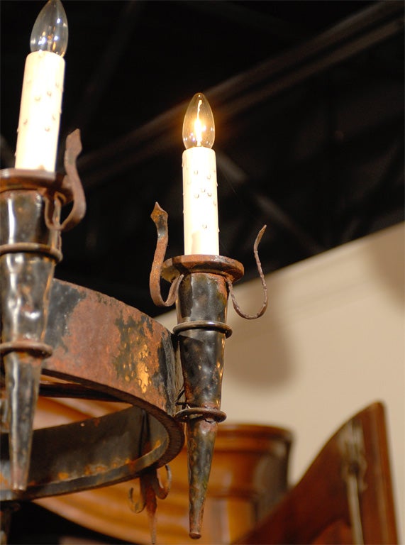 Hand-Crafted French 19th Century Rusted Iron Six-Light Chandelier with Fleur De Lys Motifs For Sale