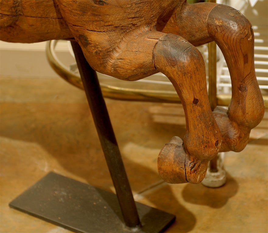 19th Century French  Wood Carousel Horse with Iron Stand 1
