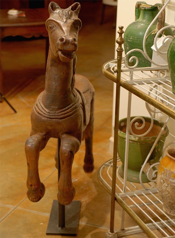 19th Century French  Wood Carousel Horse with Iron Stand 3
