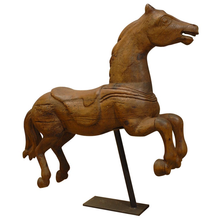 19th Century French  Wood Carousel Horse with Iron Stand