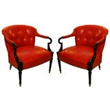 Vintage Pair of 1940's Burnt Orange Leather Fireside Armchairs